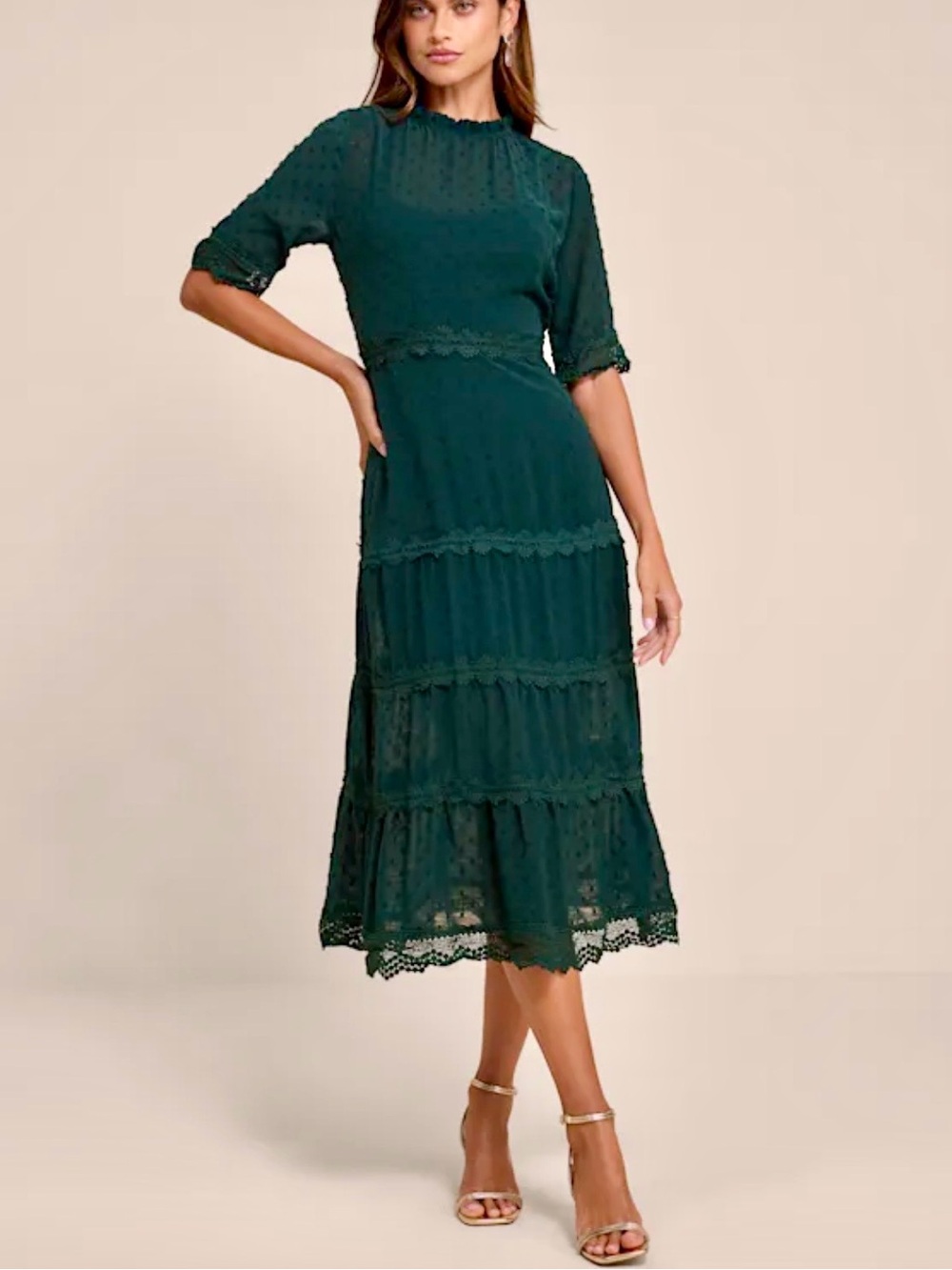 Lulu's Emerald Green Swiss Dot Lace Tiered Midi Dress size XS